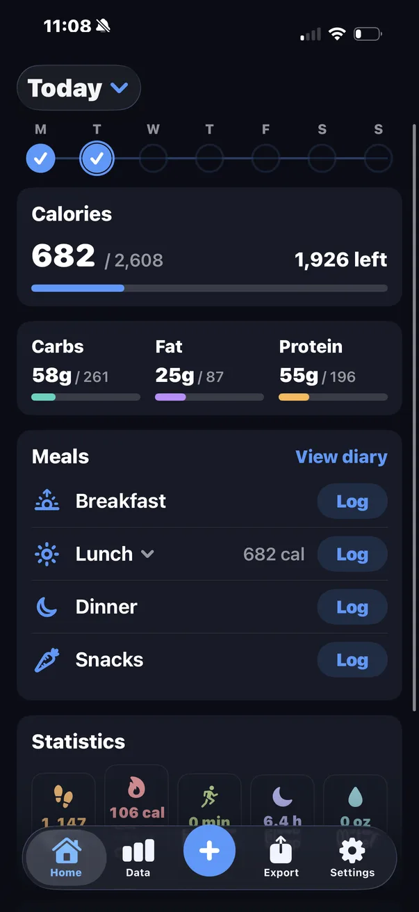 Marrow's Today screen: calories eaten and left, carbs, fat and protein against targets, and the day's meals