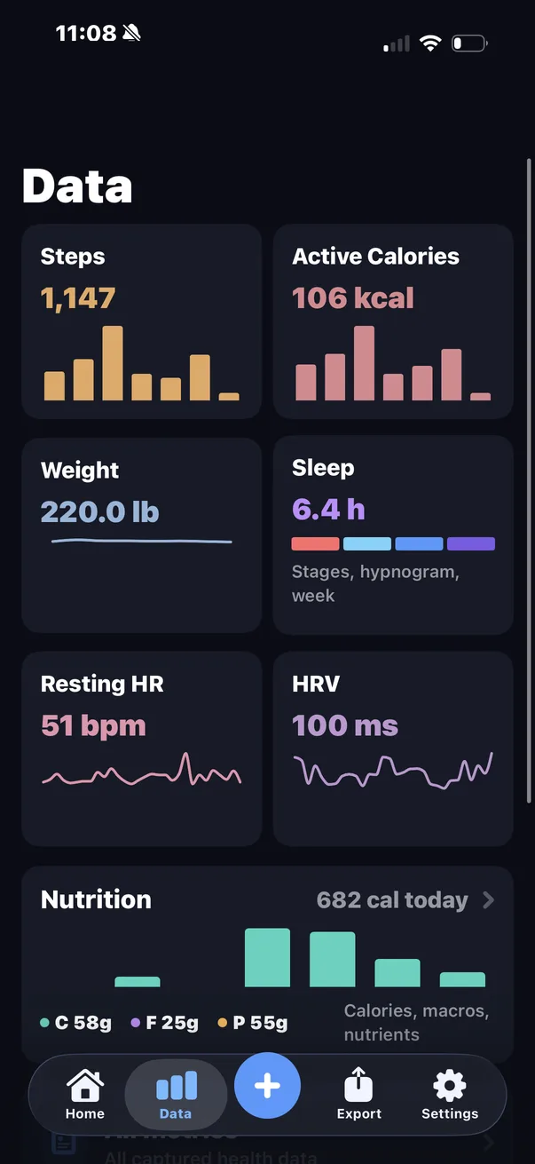 Marrow's Data tab: steps, active calories, weight, sleep, resting heart rate, HRV and nutrition